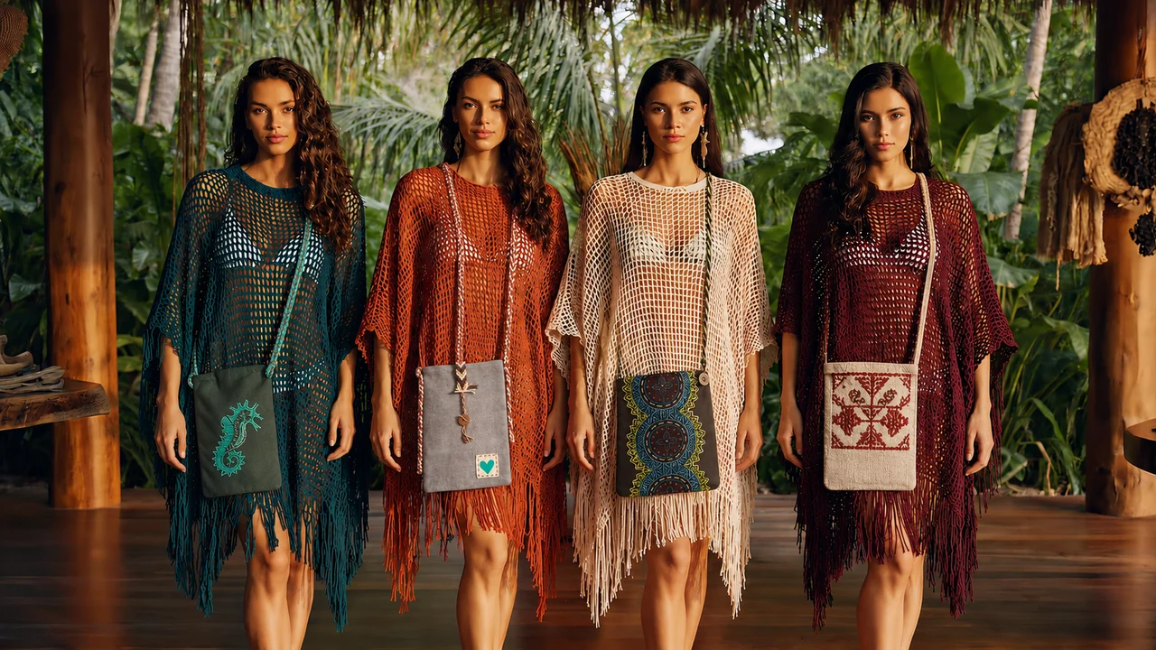 Cuatro modelos con las bolsas bordadas